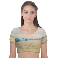 Sea Beach Ocean Sunset Sky Nature Coast Water Velvet Short Sleeve Crop Top  by danenraven