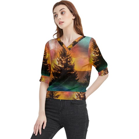 Tree Nature Landscape Fantasy Magical Cosmic Quarter Sleeve Blouse by danenraven