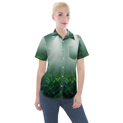 Swamp Forest Trees Background Nature Eerie Women s Short Sleeve Pocket Shirt by danenraven