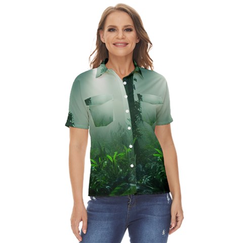 Swamp Forest Trees Background Nature Eerie Women s Short Sleeve Double Pocket Shirt by danenraven