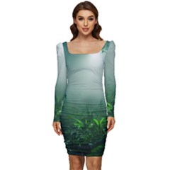 Swamp Forest Trees Background Nature Eerie Women Long Sleeve Ruched Stretch Jersey Dress by danenraven