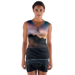 Beach Volcano Ocean Sunset Sunrise Iceland Wrap Front Bodycon Dress by danenraven