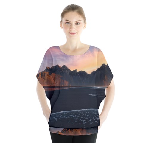 Beach Volcano Ocean Sunset Sunrise Iceland Batwing Chiffon Blouse by danenraven