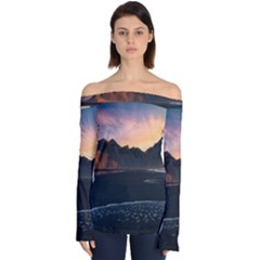 Beach Volcano Ocean Sunset Sunrise Iceland Off Shoulder Long Sleeve Top by danenraven