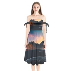 Beach Volcano Ocean Sunset Sunrise Iceland Shoulder Tie Bardot Midi Dress by danenraven