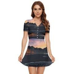 Beach Volcano Ocean Sunset Sunrise Iceland V-neck High Waist Chiffon Mini Dress