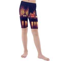 Night Houses River Bokeh Leaves Fall Autumn Kids  Mid Length Swim Shorts by danenraven