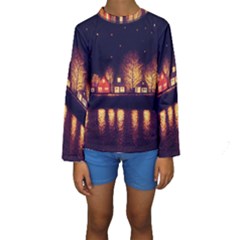 Night Houses River Bokeh Leaves Fall Autumn Kids  Long Sleeve Swimwear by danenraven