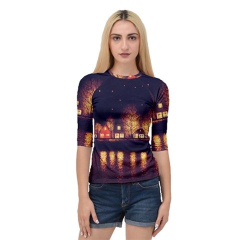 Night Houses River Bokeh Leaves Fall Autumn Quarter Sleeve Raglan Tee by danenraven