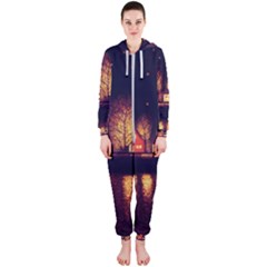 Night Houses River Bokeh Leaves Fall Autumn Hooded Jumpsuit (ladies) by danenraven