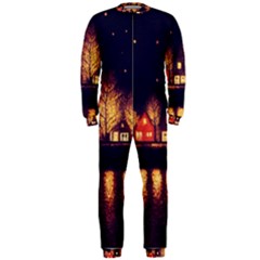 Night Houses River Bokeh Leaves Fall Autumn Onepiece Jumpsuit (men) by danenraven