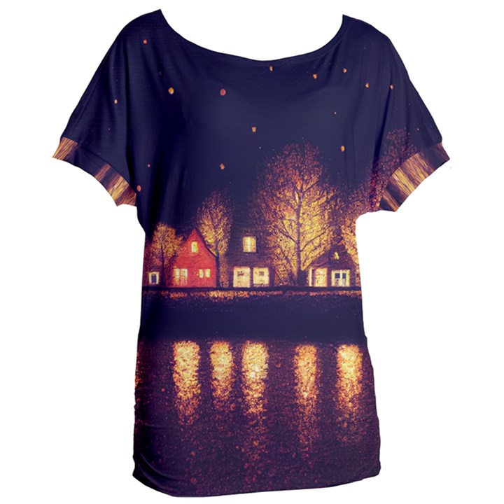 Night Houses River Bokeh Leaves Fall Autumn Women s Oversized Tee