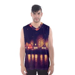 Night Houses River Bokeh Leaves Fall Autumn Men s Basketball Tank Top by danenraven