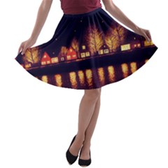 Night Houses River Bokeh Leaves Fall Autumn A-line Skater Skirt by danenraven