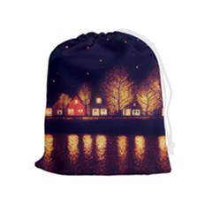 Night Houses River Bokeh Leaves Fall Autumn Drawstring Pouch (xl) by danenraven