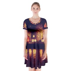 Night Houses River Bokeh Leaves Fall Autumn Short Sleeve V-neck Flare Dress by danenraven