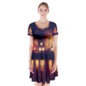 Night Houses River Bokeh Leaves Fall Autumn Short Sleeve V-neck Flare Dress View1