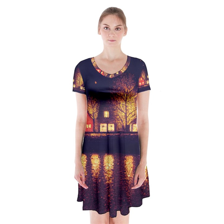 Night Houses River Bokeh Leaves Fall Autumn Short Sleeve V-neck Flare Dress