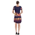 Night Houses River Bokeh Leaves Fall Autumn Short Sleeve V-neck Flare Dress View2