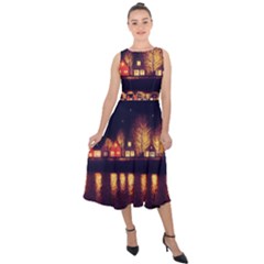 Night Houses River Bokeh Leaves Fall Autumn Midi Tie-back Chiffon Dress by danenraven