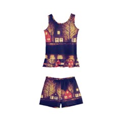 Night Houses River Bokeh Leaves Fall Autumn Kids  Boyleg Swimsuit by danenraven