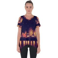 Night Houses River Bokeh Leaves Fall Autumn Cut Out Side Drop Tee by danenraven