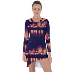 Night Houses River Bokeh Leaves Fall Autumn Asymmetric Cut-out Shift Dress by danenraven