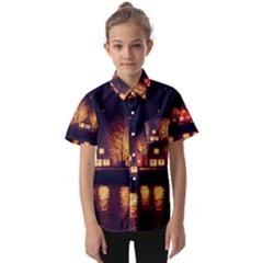 Night Houses River Bokeh Leaves Fall Autumn Kids  Short Sleeve Shirt by danenraven