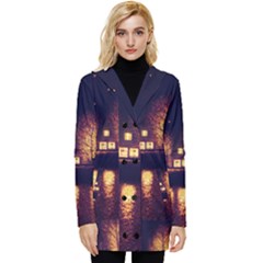 Night Houses River Bokeh Leaves Fall Autumn Button Up Hooded Coat  by danenraven