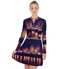 Night Houses River Bokeh Leaves Fall Autumn Long Sleeve Panel Dress by danenraven