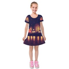 Night Houses River Bokeh Leaves Fall Autumn Kids  Short Sleeve Velvet Dress by danenraven