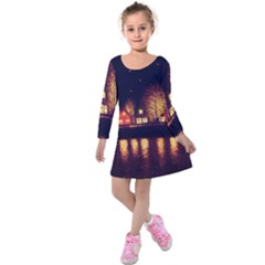 Night Houses River Bokeh Leaves Fall Autumn Kids  Long Sleeve Velvet Dress by danenraven