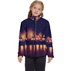 Night Houses River Bokeh Leaves Fall Autumn Kids  Puffer Bubble Jacket Coat by danenraven