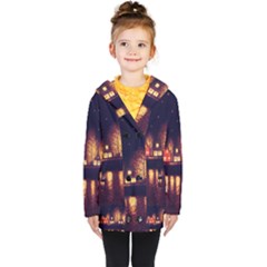 Night Houses River Bokeh Leaves Fall Autumn Kids  Double Breasted Button Coat by danenraven