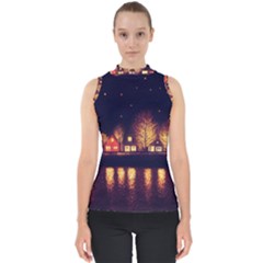 Night Houses River Bokeh Leaves Fall Autumn Mock Neck Shell Top by danenraven