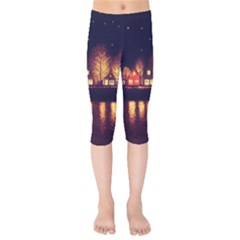 Night Houses River Bokeh Leaves Fall Autumn Kids  Capri Leggings  by danenraven