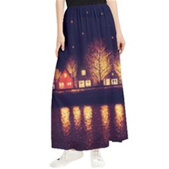 Night Houses River Bokeh Leaves Fall Autumn Maxi Chiffon Skirt by danenraven