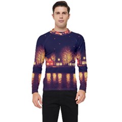 Night Houses River Bokeh Leaves Fall Autumn Men s Long Sleeve Rash Guard by danenraven