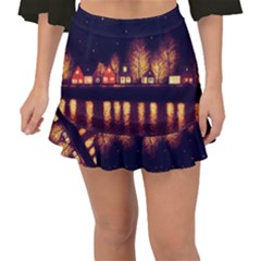 Night Houses River Bokeh Leaves Fall Autumn Fishtail Mini Chiffon Skirt by danenraven