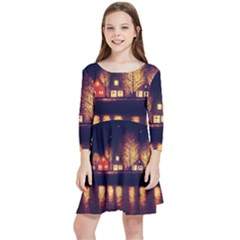 Night Houses River Bokeh Leaves Fall Autumn Kids  Quarter Sleeve Skater Dress by danenraven