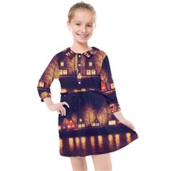 Night Houses River Bokeh Leaves Fall Autumn Kids  Quarter Sleeve Shirt Dress by danenraven