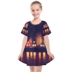 Night Houses River Bokeh Leaves Fall Autumn Kids  Smock Dress by danenraven