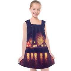 Night Houses River Bokeh Leaves Fall Autumn Kids  Cross Back Dress by danenraven