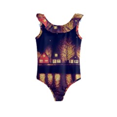 Night Houses River Bokeh Leaves Fall Autumn Kids  Frill Swimsuit by danenraven