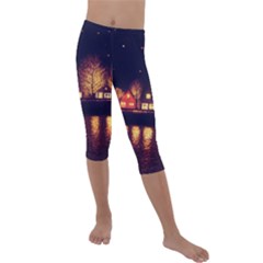 Night Houses River Bokeh Leaves Fall Autumn Kids  Lightweight Velour Capri Leggings  by danenraven