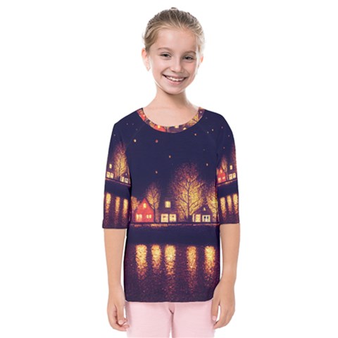 Night Houses River Bokeh Leaves Fall Autumn Kids  Quarter Sleeve Raglan Tee by danenraven