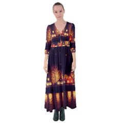 Night Houses River Bokeh Leaves Fall Autumn Button Up Maxi Dress by danenraven