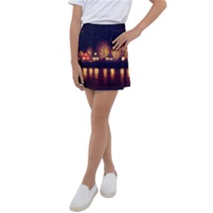 Night Houses River Bokeh Leaves Fall Autumn Kids  Tennis Skirt by danenraven