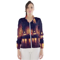 Night Houses River Bokeh Leaves Fall Autumn Women s Windbreaker by danenraven