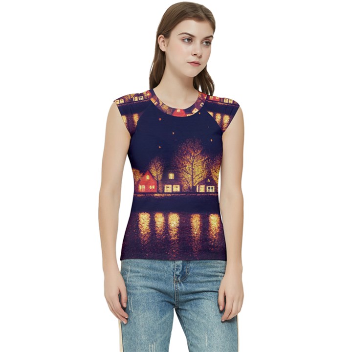 Night Houses River Bokeh Leaves Fall Autumn Women s Raglan Cap Sleeve Tee